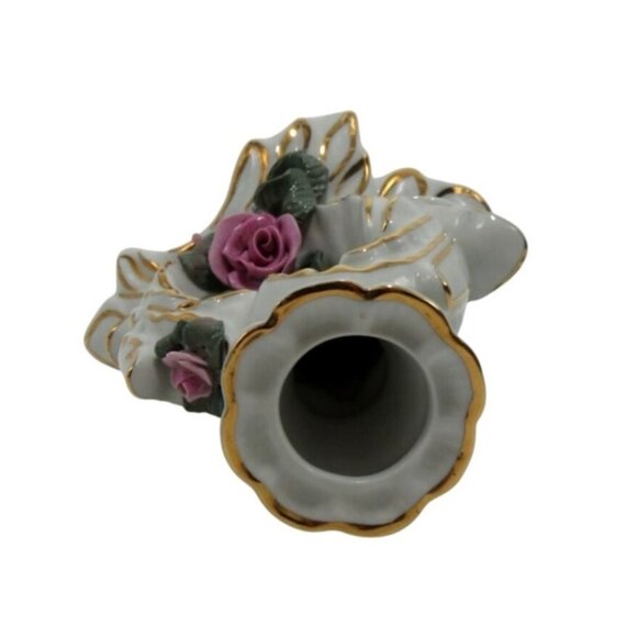 DRESDEN Porcelain Rose Heart CANDLE Holder Gold Accents and Pink Rose Germany Vi - Picture 4 of 10